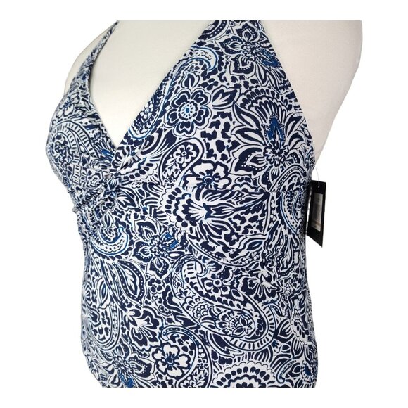 $98 Ellen Tracy Halter V-Neck One Piece Swimsuit Navy White NWT Size 12 Lined - Picture 4 of 12